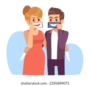 Fake love and relationship, married couple hides anger and hatred behind fake smiles. Man and woman hugging, lying each other. Masking true feels. Cartoon flat isolated vector concept