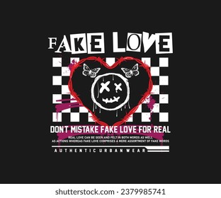 fake love slogan with vintage style illustration of barbed love heart, for streetwear and urban style t-shirt design, hoodies, etc