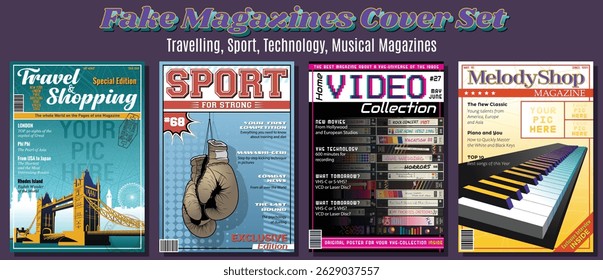 Fake Magazine Covers, Video Technologies, Travelling, Music, Sport Editions, VHS Cassettes, Tower Bridge, Piano Keys, Retro Boxing Gloves, Headlines and Title, Places for Photos