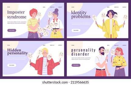 Fake masks by person with psychological problems. Set of vector flat illustrations for landing pages and templates for web.