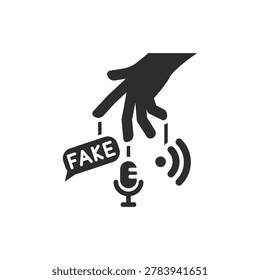 Fake media manipulation and social control icon. Hand controlling microphone with fake label. Monochrome black and white symbol