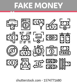 Fake Money Collection Elements Icons Set Vector Thin Line. Bandit Silhouette And Pencil, Printing And Laundering Money Dollar Concept Linear Pictograms. Monochrome Contour Illustrations