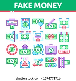 Fake Money Collection Elements Icons Set Vector Thin Line. Bandit Silhouette And Pencil, Printing And Laundering Money Dollar Concept Linear Pictograms. Color Contour Illustrations