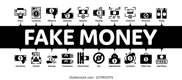 Fake Money Minimal Infographic Web Banner Vector. Bandit Silhouette And Pencil, Printing And Laundering Money Dollar Concept Illustrations