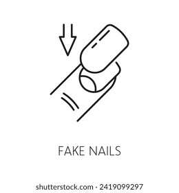 Fake Nägel Icon für Maniküre Service, Händepflege oder Fingernagel Behandlung und Schönheit, Linie Vektor. Fake-Nägel oder falsche Fingernägel-Umrandungssymbol für Maniküre oder Acryl-Nägel-Erweiterung