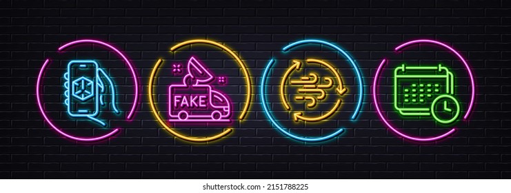 Fake news, 3d app and Wind energy minimal line icons. Neon laser 3d lights. Calendar icons. For web, application, printing. Social propaganda, 3d technology, Breeze power. Schedule planner. Vector
