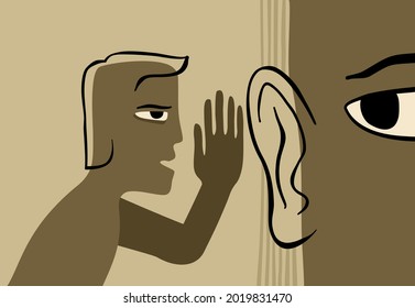 Fake news - abstract drawn person whispers gossip in another persons ear. Vector illustration