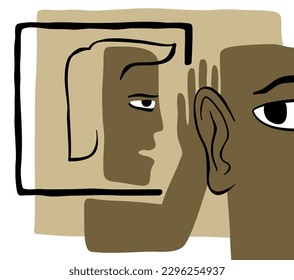 Fake news - abstract drawn person whispers gossip in another persons ear. Isolated Vector illustration