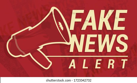 Fake News Alert, Editable Template. Megaphone And Beige Text On Red Background. False Or Junk News, Hoax, Misinformation, Propaganda Concept. Creased pattern. Wrinkled Paper Texture