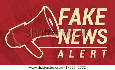Fake News Alert, Editable Template. Megaphone And Beige Text On Red Background. False Or Junk News, Hoax, Misinformation, Propaganda Concept. Creased pattern. Wrinkled Paper Texture