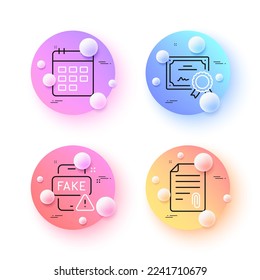 Fake news, Attachment and Calendar minimal line icons. 3d spheres or balls buttons. Certificate icons. For web, application, printing. Wrong information, Attach file, Event reminder. Vector