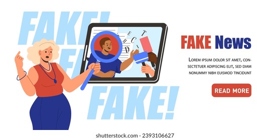 Fake news banner. Landing page design. Woman with magnifying glass look at mass media and search for lie in newspapers. Desinformation on internet. Cartoon flat vector illustration