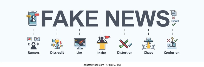 Fake News Banner Meaning Icon In Social Media, Fake, Discredit, Lie, Confusion, Incite And Distortion. Flat Vector Infographic