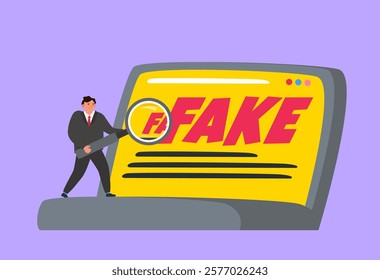 fake news businessman with magnifying glass and laptop false information in internet vector illustration 