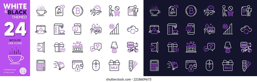Fake news, Calculator and Sale offer line icons for website, printing. Collection of Coffee machine, Resume document, Palette icons. Cloud sync, Smile, Exit web elements. Bitcoin. Vector