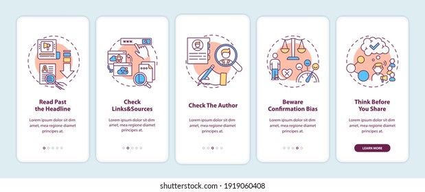 Fake news checking tips onboarding mobile app page screen with concepts. Checking author and sources walkthrough 5 steps graphic instructions. UI vector template with RGB color illustrations