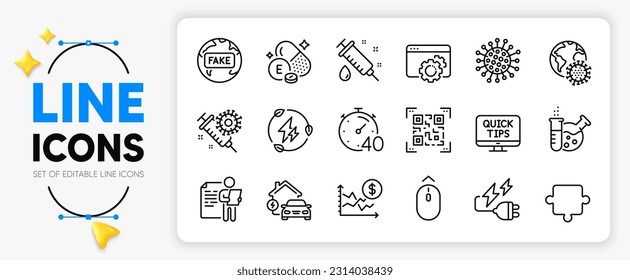 Fake news, Chemistry lab and Coronavirus line icons set for app include Swipe up, Job interview, Home charging outline thin icon. Coronavirus vaccine, Medical syringe. Vector