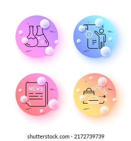 Fake news, Chemistry lab and Manual doc minimal line icons. 3d spheres or balls buttons. Food delivery icons. For web, application, printing. Wrong information, Laboratory, Project info. Vector