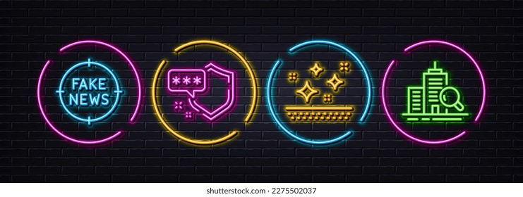 Fake news, Clean skin and Shield minimal line icons. Neon laser 3d lights. Inspect icons. For web, application, printing. Wrong information, Face cream, Safe secure. Search building. Vector