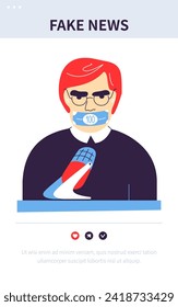 Fake news - colorful flat design style banner with linear elements. Composition with speaker with a microphone behind a podium, who was gagged with a bill. Bribery, corruption problem idea