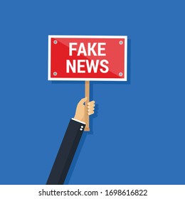fake news concept - businessman hand holding sign with text fake news.Conceptual vector illustration in flat style design.Isolated on background.