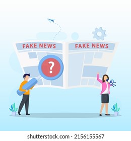 Concepto de noticias falsas. Falsa transmisión de información. Prensa, periodistas de periódicos, editores.