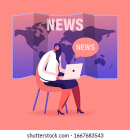 Fake News Concept. Female Character with Laptop Sit on World Map Background Reading Social Media Information in Internet, Anchorwoman or Journalist Broadcast Breaking News. Cartoon Vector Illustration