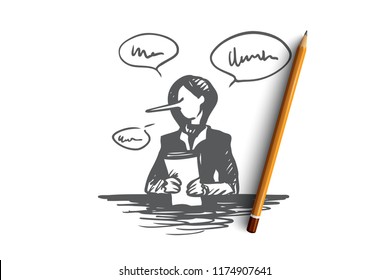 Fake news concept. Hand drawn person with a long liar nose reporting false media isolated vector illustration. Isolated vector illustration.