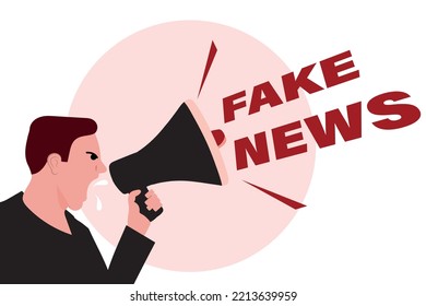 fake news concept, illustration of a man holding a megaphone spreading slanderous news.