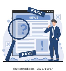 Fake news concept illustration showing hoax information misinformation spreading digital newspaper