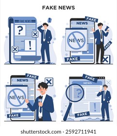 Fake news concept illustration showing hoax information misinformation spreading digital newspaper