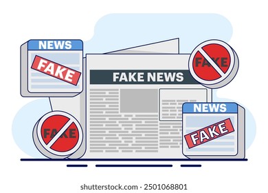 fake news concept, fake information in online news, Press, junk news content, Disinformation in newspapers, fake news online, false information, hoaxes in social media, flat vector illustration.