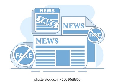 concepto de noticias falsas, información falsa en las noticias en línea, Prensa, contenido de noticias basura, desinformación en los diarios, noticias falsas en línea, información falsa, bulos en las redes sociales, Ilustración vectorial plana.