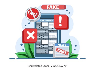conceito de notícias falsas, informações falsas em notícias on-line, imprensa, conteúdo de notícias lixo, desinformação em jornais, notícias falsas on-line, informações falsas, hoax em mídias sociais, ilustração vetorial plana.