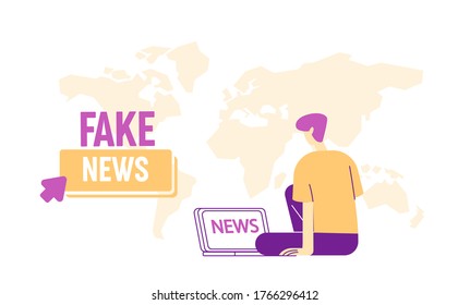 Fake News Concept. Male Character with Laptop Sit on World Map Background Reading Social Media Information in Internet. User Watching Breaking News Online Broadcasting. Linear Vector Illustration