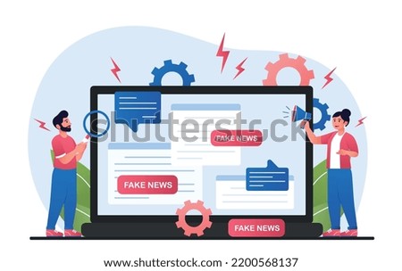 Fake news concept. Man with loupe and woman with loudspeaker on background of laptop. Deception and lies, bad information. Unverified facts, unscrupulous media. Cartoon flat vector illustration