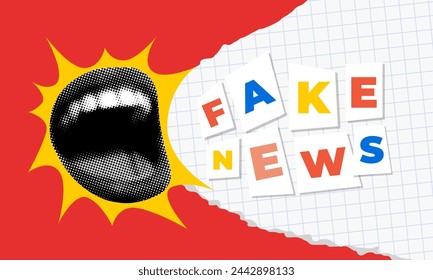 Fake news concept. Modern collage with screaming mouth and cut out newspaper letters. Scrap letters. Halftone lips. Torn paper. Anonymous note font. Advertising concept. Pop art style sale banner