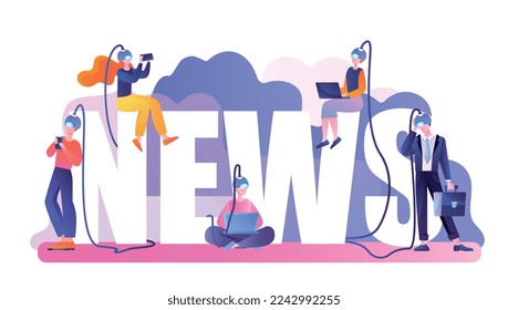 Fake news concept. Search for information and knowledge on Internet and mass media. People check facts metaphor. Poster or banner for website. People with lettering. Cartoon flat vector illustration