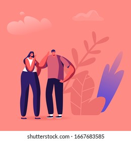 Fake News Concept. Woman and Man Characters Telling Gossips and Scandal Tales to Each Other on Street. People Spreading Wrong Scandalize Information, Mass Media False Info. Cartoon Vector Illustration