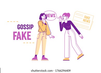 Fake News Concept. Women Characters Telling Gossips and Scandal Tales to Each Other on Street. People Spreading Wrong Scandalize Information, Mass Media False Info. Linear People Vector Illustration