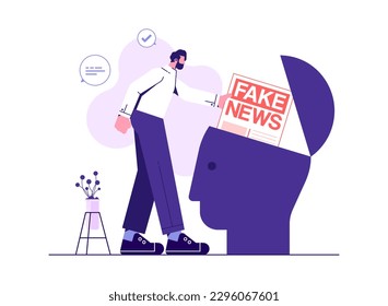 Fake news concept.Metaphor about contemporary media, people reading fake news, man adding fake news in big human head