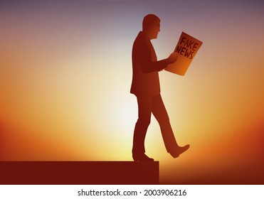 Fake news danger concept with a man walking reading a fake news newspaper that leads him straight to a bottomless pit.