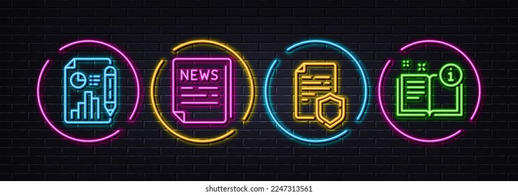 Fake news, Data security and Report document minimal line icons. Neon laser 3d lights. Manual icons. For web, application, printing. Wrong information, Secure document, Growth chart. Read book. Vector