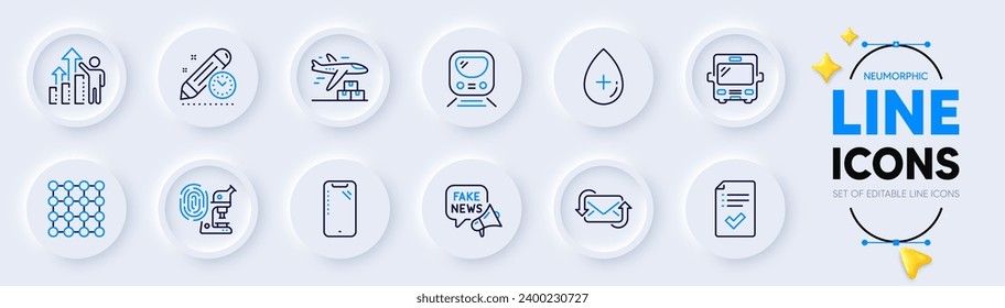 Fake news, Delivery plane and Project deadline line icons for web app. Pack of Bus, Employee results, Smartphone pictogram icons. Refresh mail, Oil serum, Fingerprint research signs. Vector