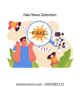 Fake news detection concept. AI rigorously scrutinizes information, safeguarding against misinformation. Critical thinking in the digital age. Modern technology help finding truth. Flat vector