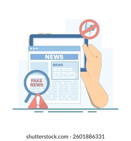 Fake News Detection Concept. Device with Magnifying Glass. Detection and control of fake news, social media disinformation and the spread of false facts. Flat Design Illustration.