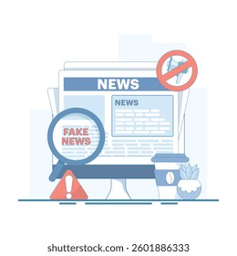 Fake News Detection Concept. Device with Magnifying Glass. Detection and control of fake news, social media disinformation and the spread of false facts. Flat Design Illustration.