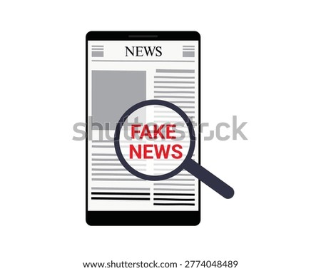 Fake News Detection Concept with Magnifying Glass on Smartphone Screen Vector Illustration - Disinformation Alert, Fact Checking, Hoax Identification, and Misinformation Analysis on Mobile Digital Newspaper.