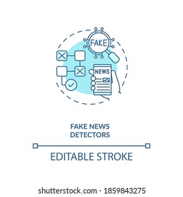 Fake news detectors concept icon. Bad informational sources with invalid data. Lieing to society. AI application idea thin line illustration. Vector isolated outline RGB color drawing. Editable stroke