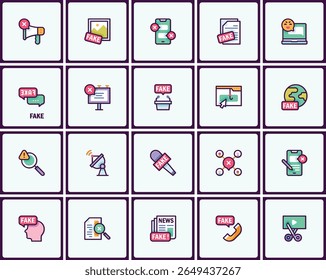 Fake news and disinformation modern line style icon pack with various media symbols